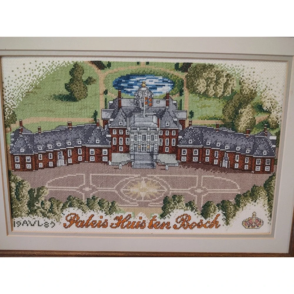 Vintage Dutch Palace In The Hague Cross Stitch Embroidery Framed Matted 1987